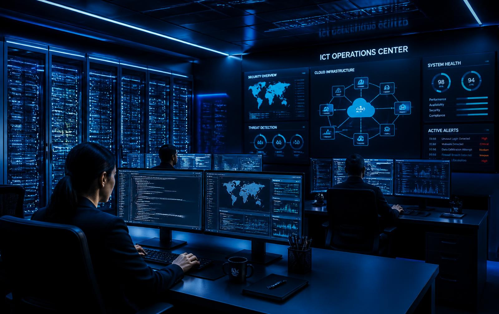 ICT professionals monitoring network, cloud and cybersecurity dashboards in a modern operations centre